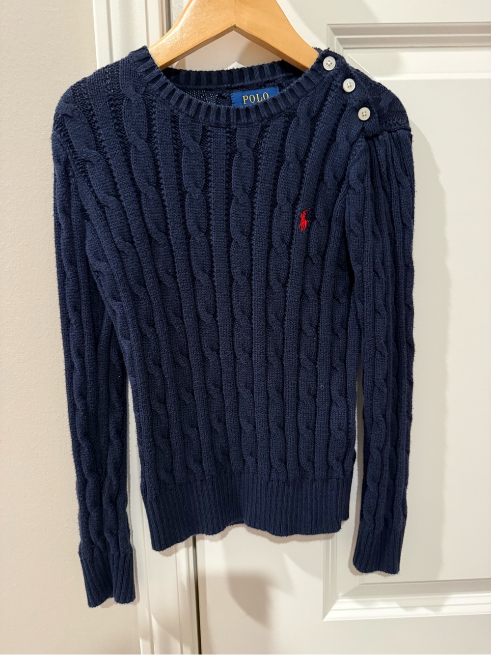 Girls Polo by Ralph Lauren Navy Cable-Knit Crewneck Sweater with Red Pony
